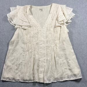 Sundance Embroidered Ruffle V Neck Blouse Ivory XL